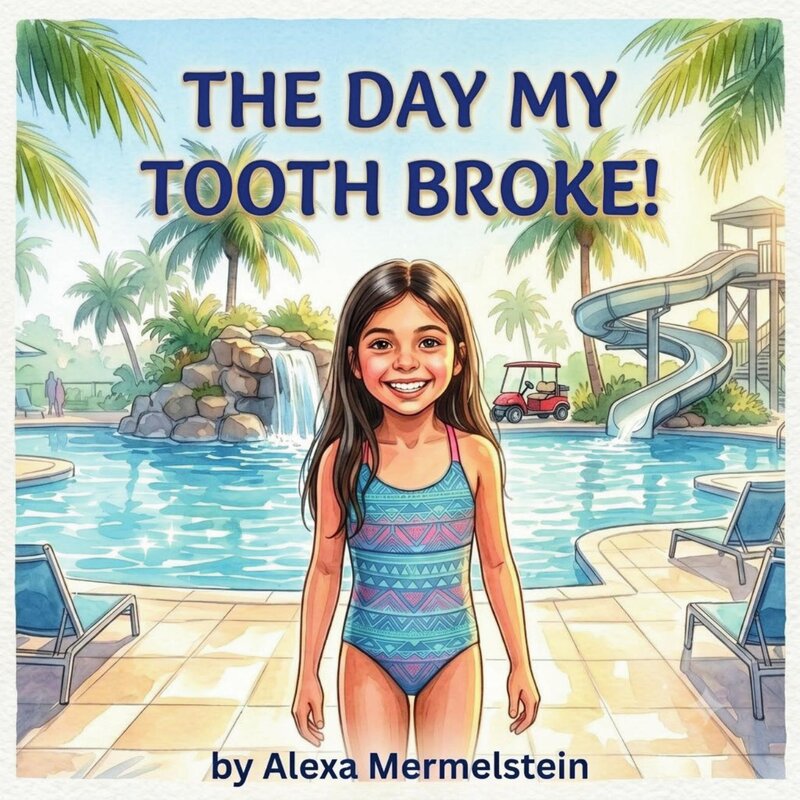The Day My Tooth Broke book cover, showing a smiling girl by a pool